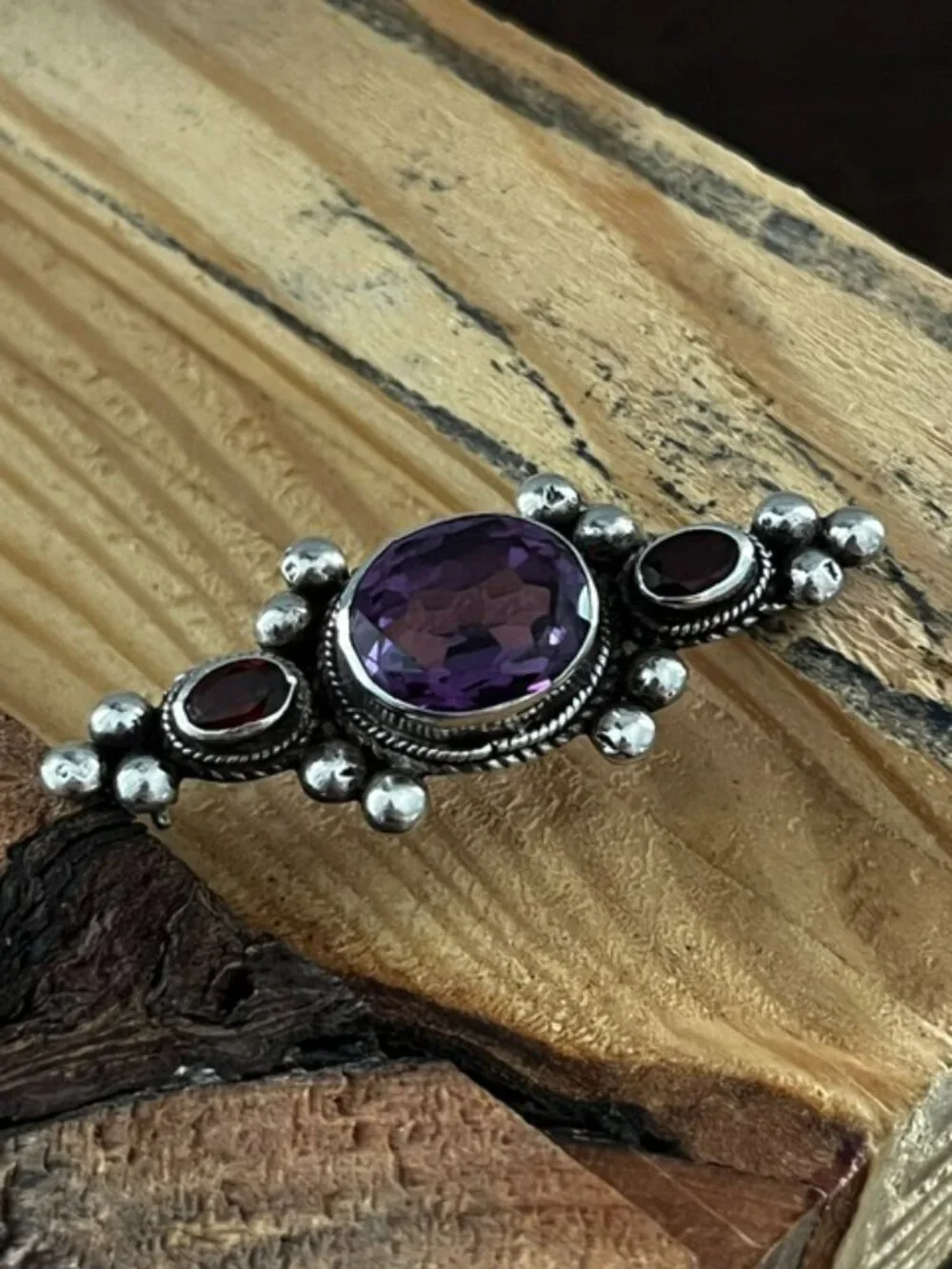 Vintage Sterling Silver Garnet Alexandrite Brooch Pin